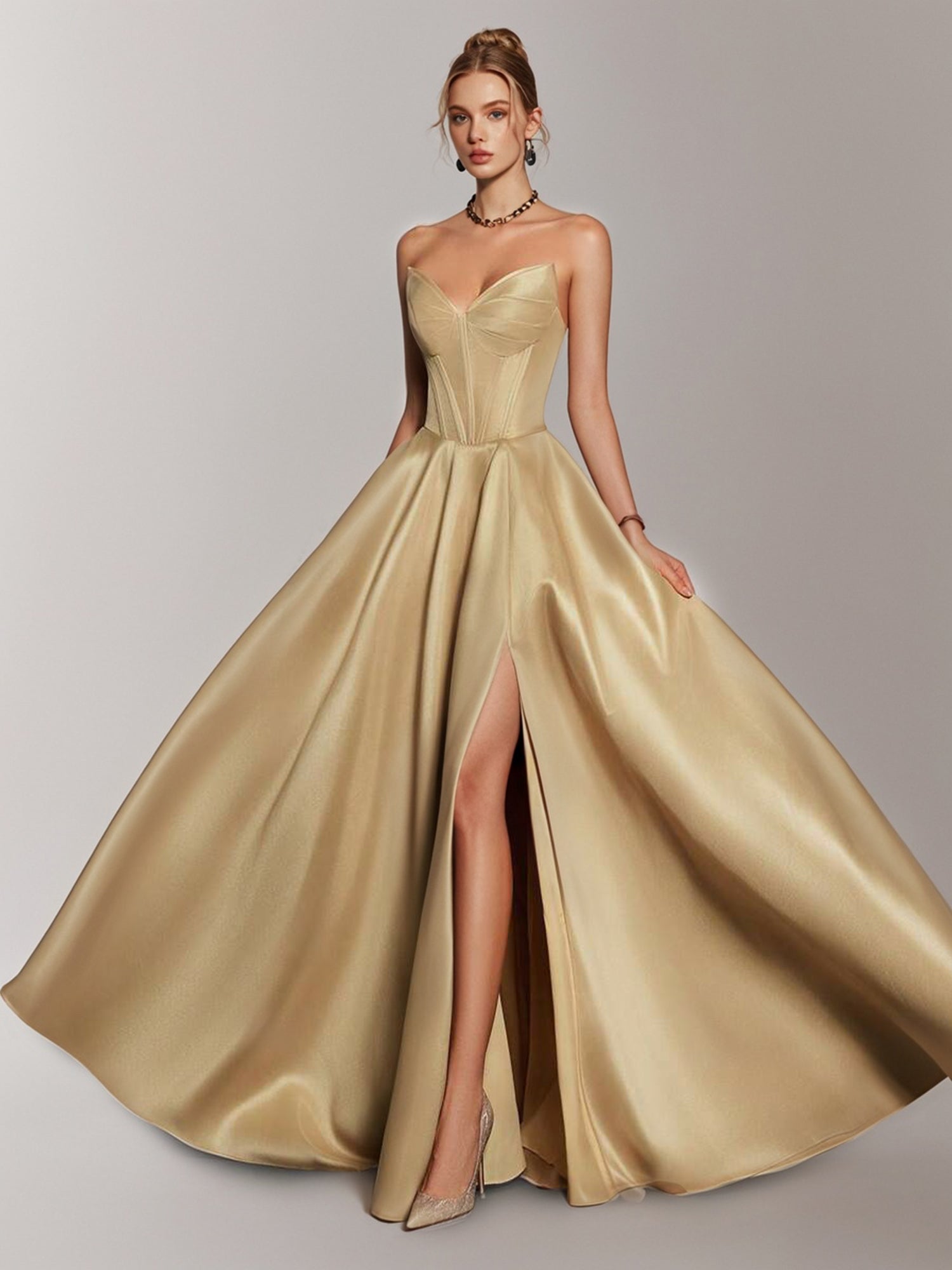 Elegant Champagne Gold Satin Deep V-Neck A-Line Long Gown-ZS130 Bridal Glee Elegant Champagne Gold Satin Deep V-Neck A-Line Long Gown-ZS130 Bridal Glee