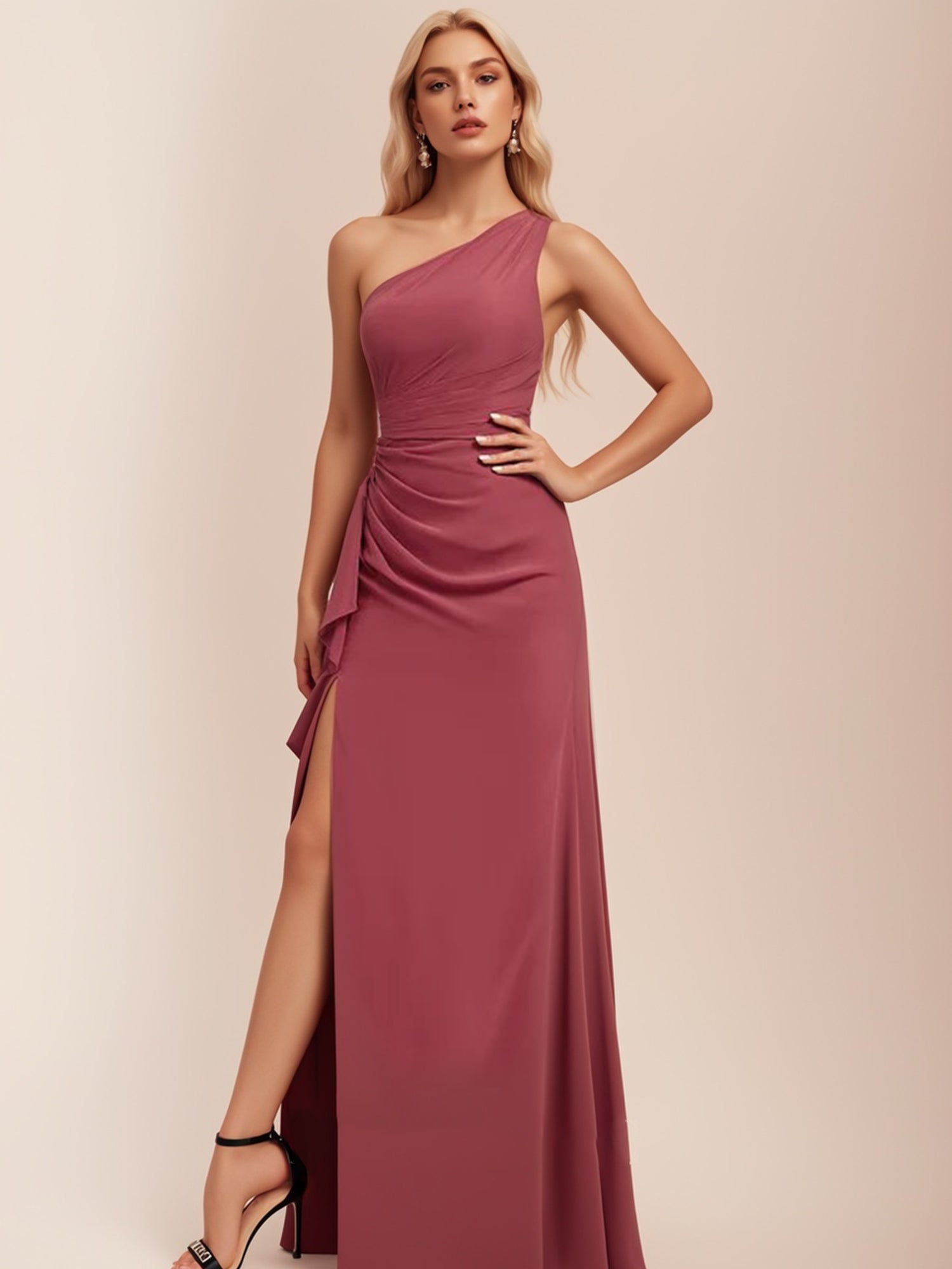 A-line One Shoulder Floor-Length Chiffon Bridesmaid Dress With Ruffle- A-line One Shoulder Floor-Length Chiffon Bridesmaid Dress With Ruffle-