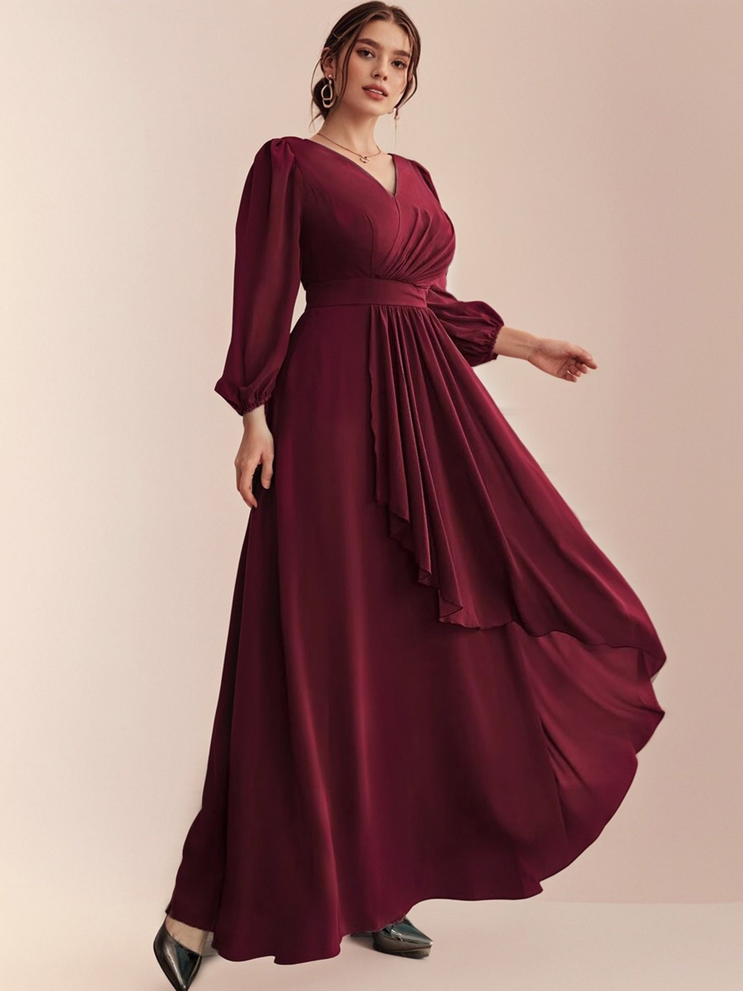 Simple Demure Burgundy Plus Size V-Neck Asymmetric Hem Long Sleeve Gow Bridal Glee Simple Demure Burgundy Plus Size V-Neck Asymmetric Hem Long Sleeve Gow Bridal Glee