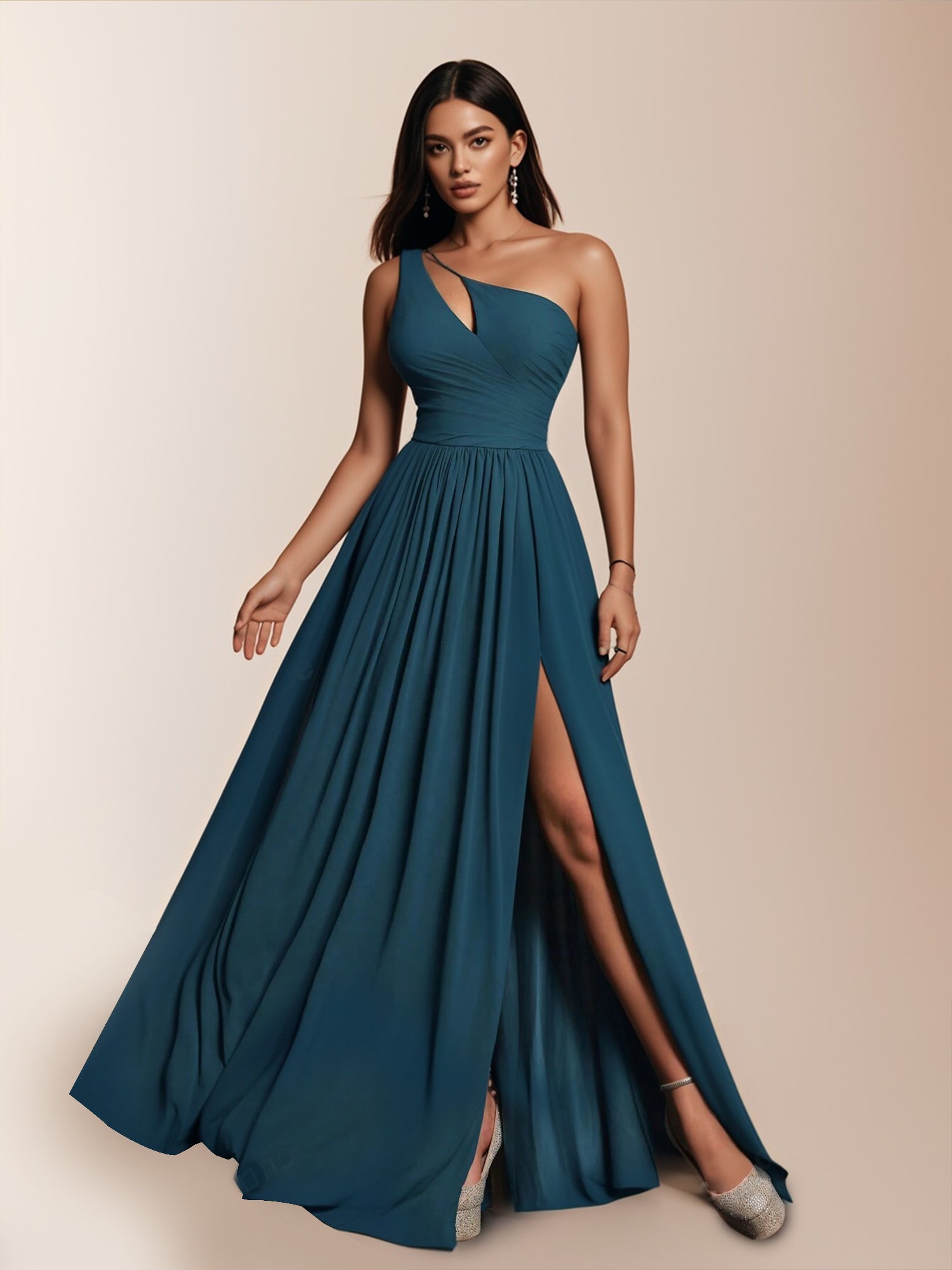 Elegant Hazy Blue Asymmetrical Neck Chiffon High Slit Long Formal Even Elegant Hazy Blue Asymmetrical Neck Chiffon High Slit Long Formal Even