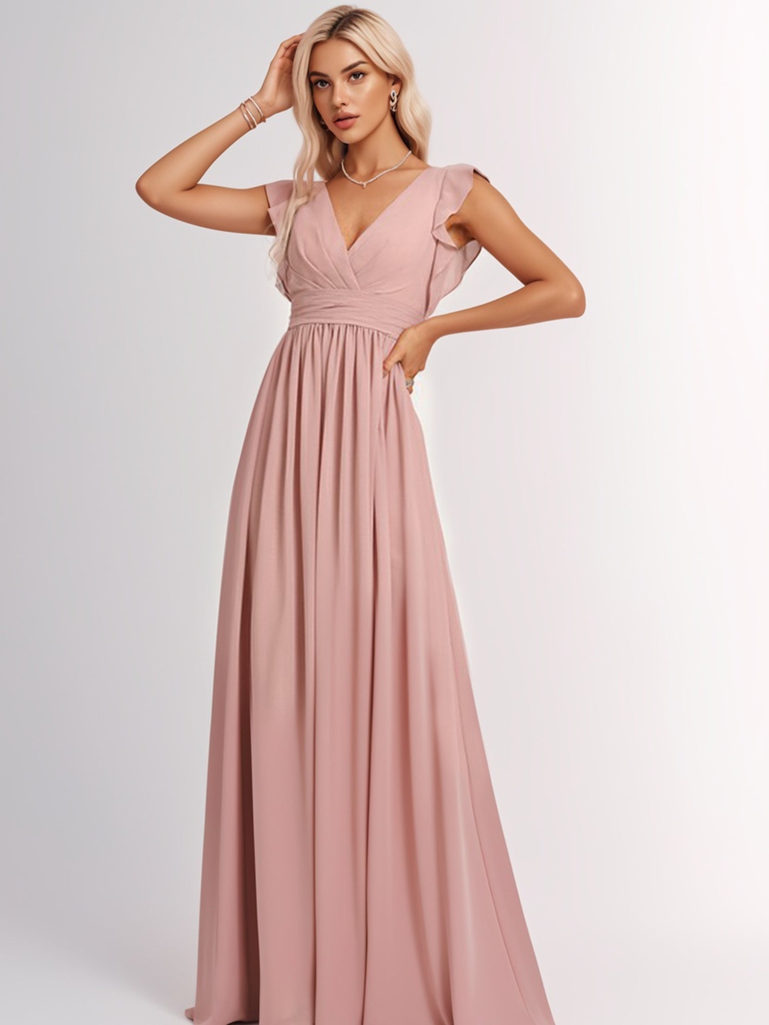 slim fit dress slacks Dreamylily Women Basil A-Line V-Neck Floor-Length Chiffon Bridesmaid Dress With Ruffle