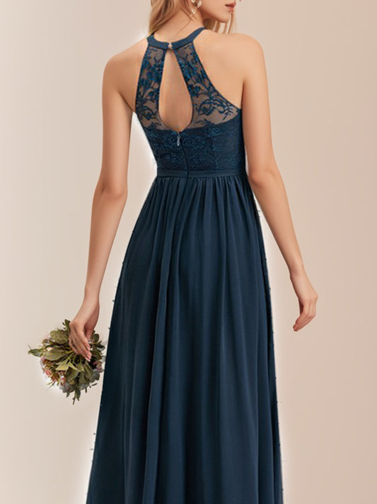 A-line High Neck Floor-Length Lace Chiffon Bridesmaid Dress With Ruffle-ZS283