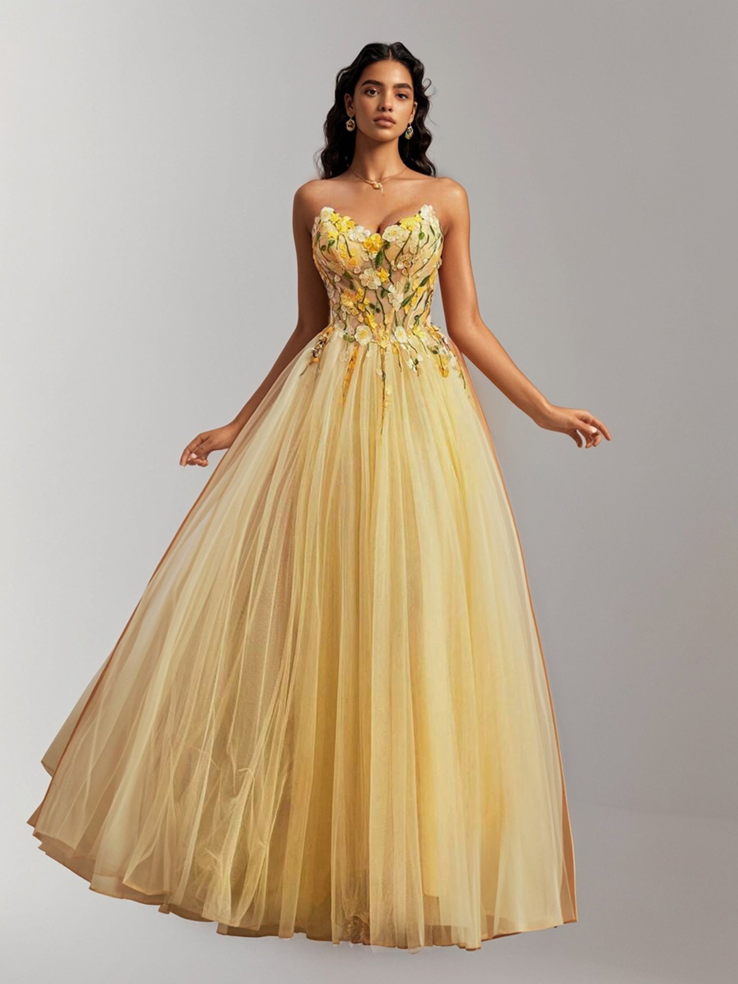 Elegant Yellow Strapless Floral Applique Tulle Long Ball Gown-ZS131 Bridal Glee Elegant Yellow Strapless Floral Applique Tulle Long Ball Gown-ZS131 Bridal Glee