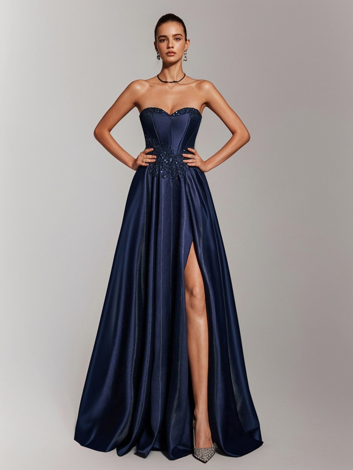 Luxurious Navy Blue Tube High Slit A-Line Gown-ZS188 Luxurious Navy Blue Tube High Slit A-Line Gown-ZS188