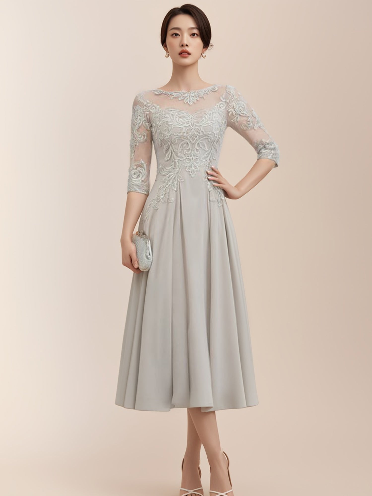 A-line Scoop Illusion Tea-Length Chiffon Lace Mother of the Bride Dres Bridal Glee A-line Scoop Illusion Tea-Length Chiffon Lace Mother of the Bride Dres Bridal Glee