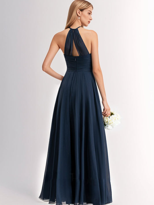 A-line High Neck Floor-Length Chiffon Bridesmaid Dress-ZS285