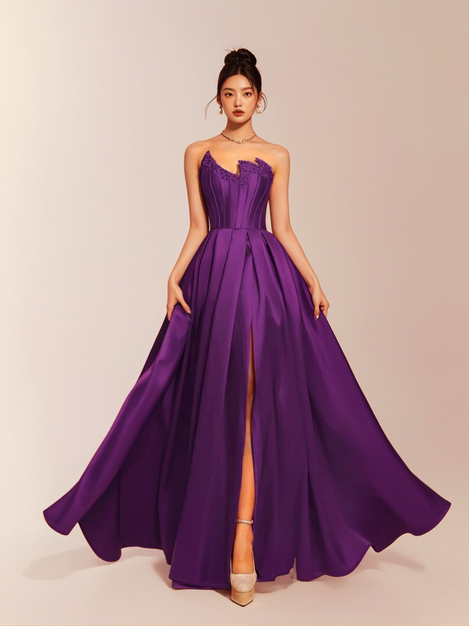 Elegant Purple Satin Gown With High Slit, A-Line Floor-Length Evening Bridal Glee Elegant Purple Satin Gown With High Slit, A-Line Floor-Length Evening Bridal Glee