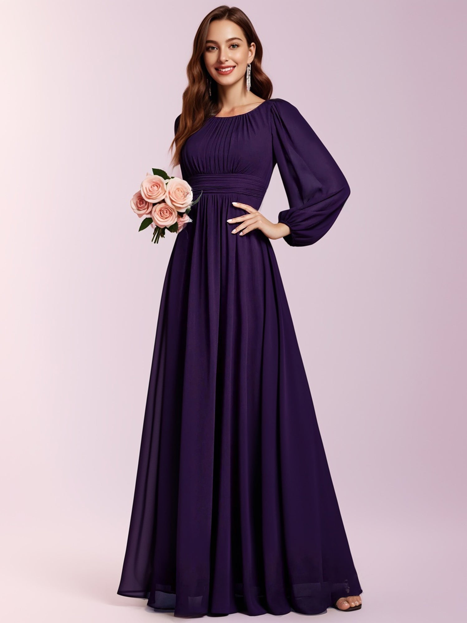 Elegant Chiffon Round Neck Lantern Sleeve Deep Purple Bridesmaid Dress Bridal Glee Elegant Chiffon Round Neck Lantern Sleeve Deep Purple Bridesmaid Dress Bridal Glee