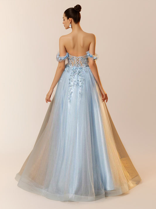 3D Flower Tulle Prom Dresses Long Off Shoulder Corset Sparkly Sequin Lace Embroidery Formal Party Gown-ZS133