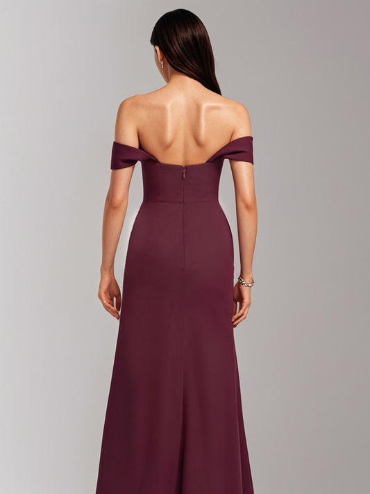 A-line Off the Shoulder Floor-Length Chiffon Bridesmaid Dress With Ruffle-ZS269