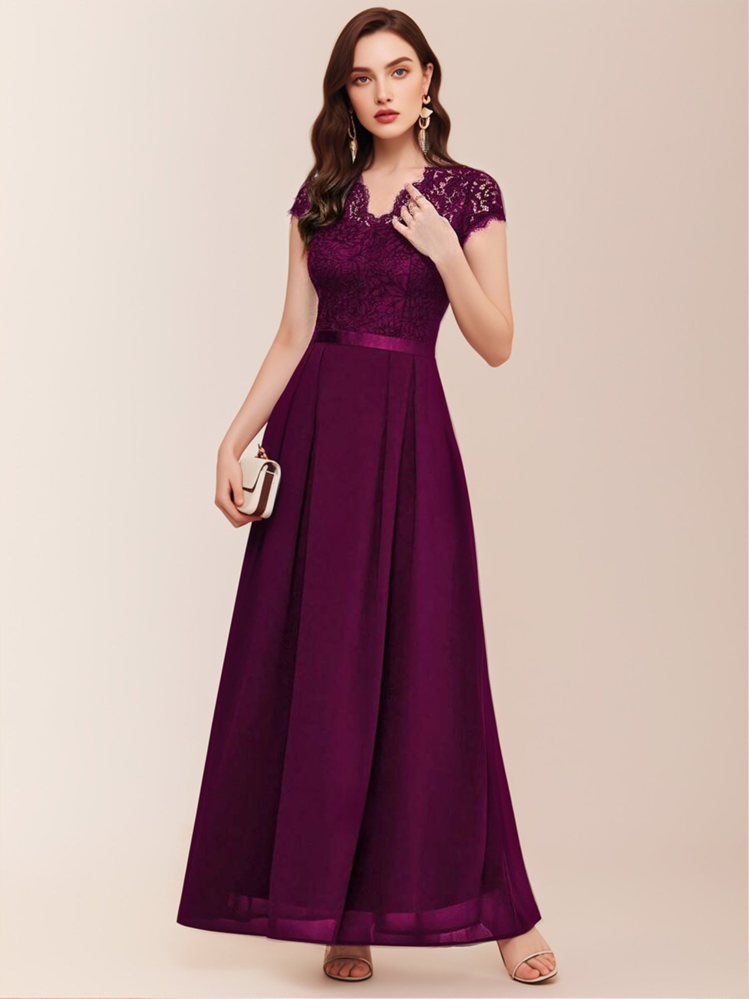 Elegant Floral Lace Cap Sleeve Chiffon Evening Party Dress-ZS202 Bridal Glee Elegant Floral Lace Cap Sleeve Chiffon Evening Party Dress-ZS202 Bridal Glee