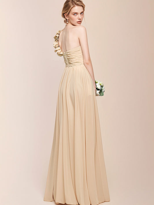 A-line One Shoulder Floor-Length Chiffon Bridesmaid Dress With 3D Floral Ruffle-ZS280