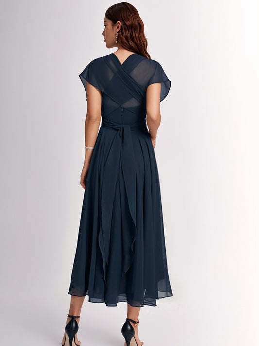 A-line Halter One Shoulder V-Neck Chiffon Bridesmaid Dress-ZS258