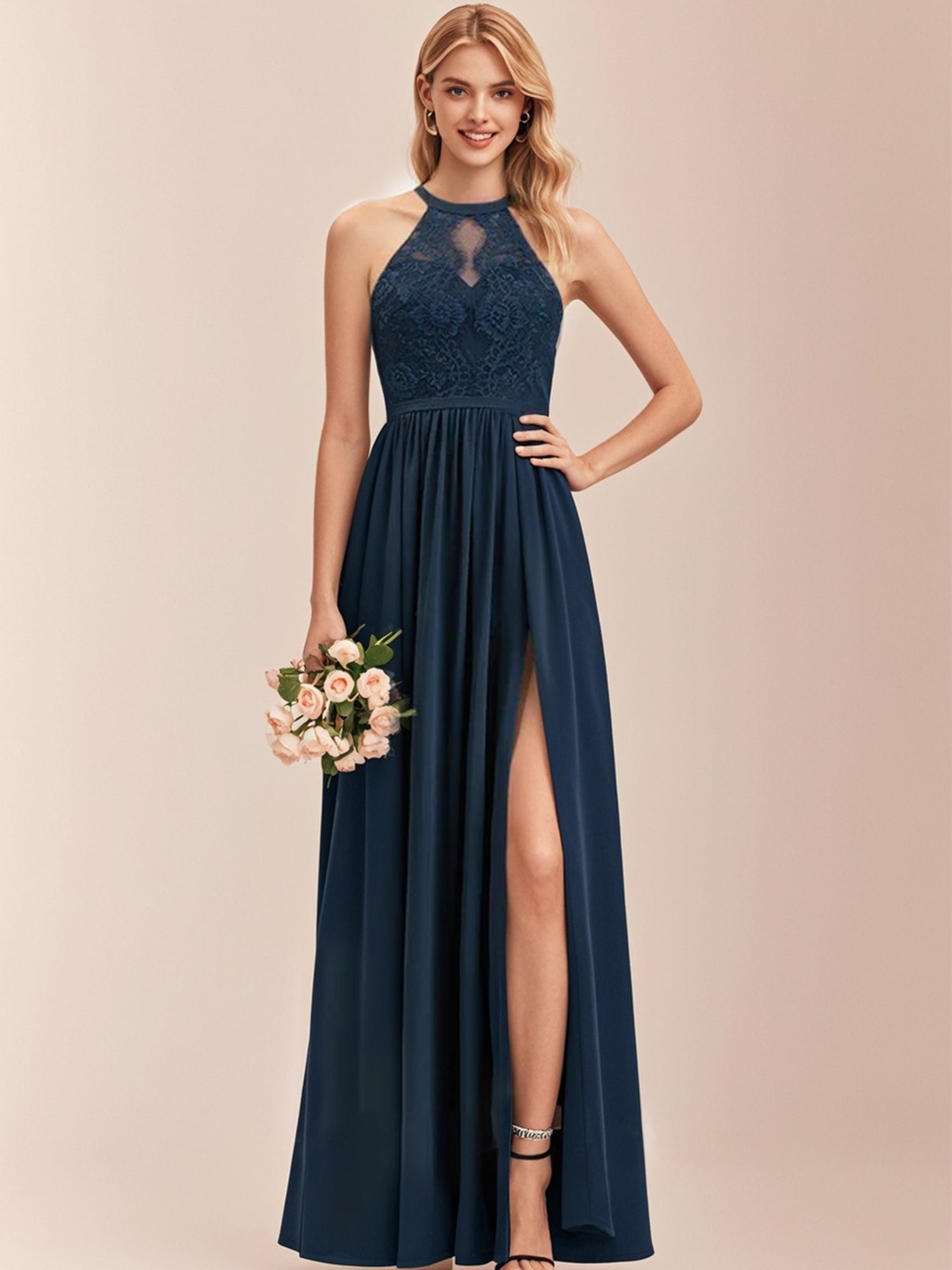 A-line High Neck Floor-Length Lace Chiffon Bridesmaid Dress With Ruffl Bridal Glee A-line High Neck Floor-Length Lace Chiffon Bridesmaid Dress With Ruffl Bridal Glee
