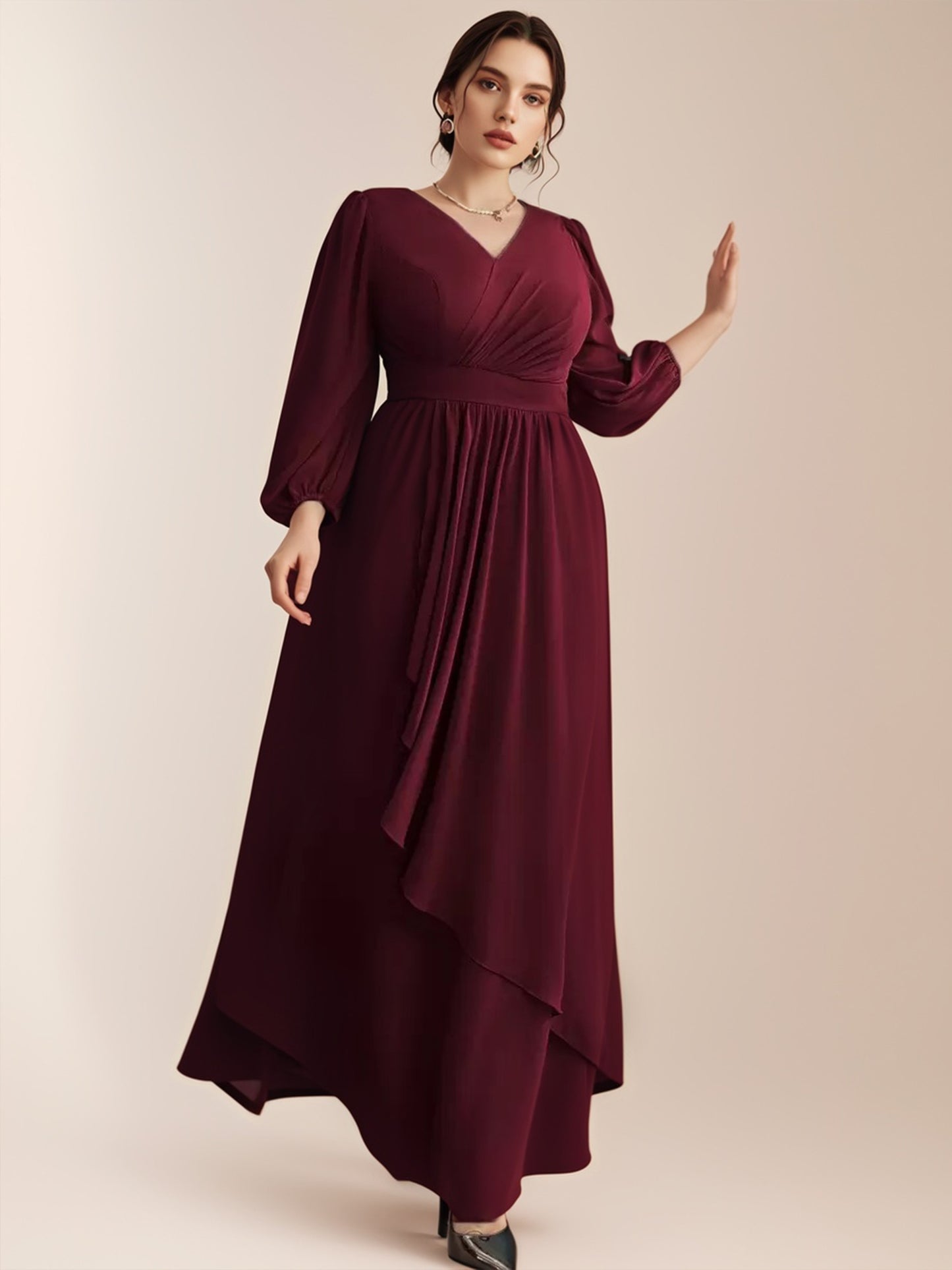 Simple Demure Burgundy Plus Size V-Neck Asymmetric Hem Long Sleeve Gown Bridesmaid Dresses-ZS226