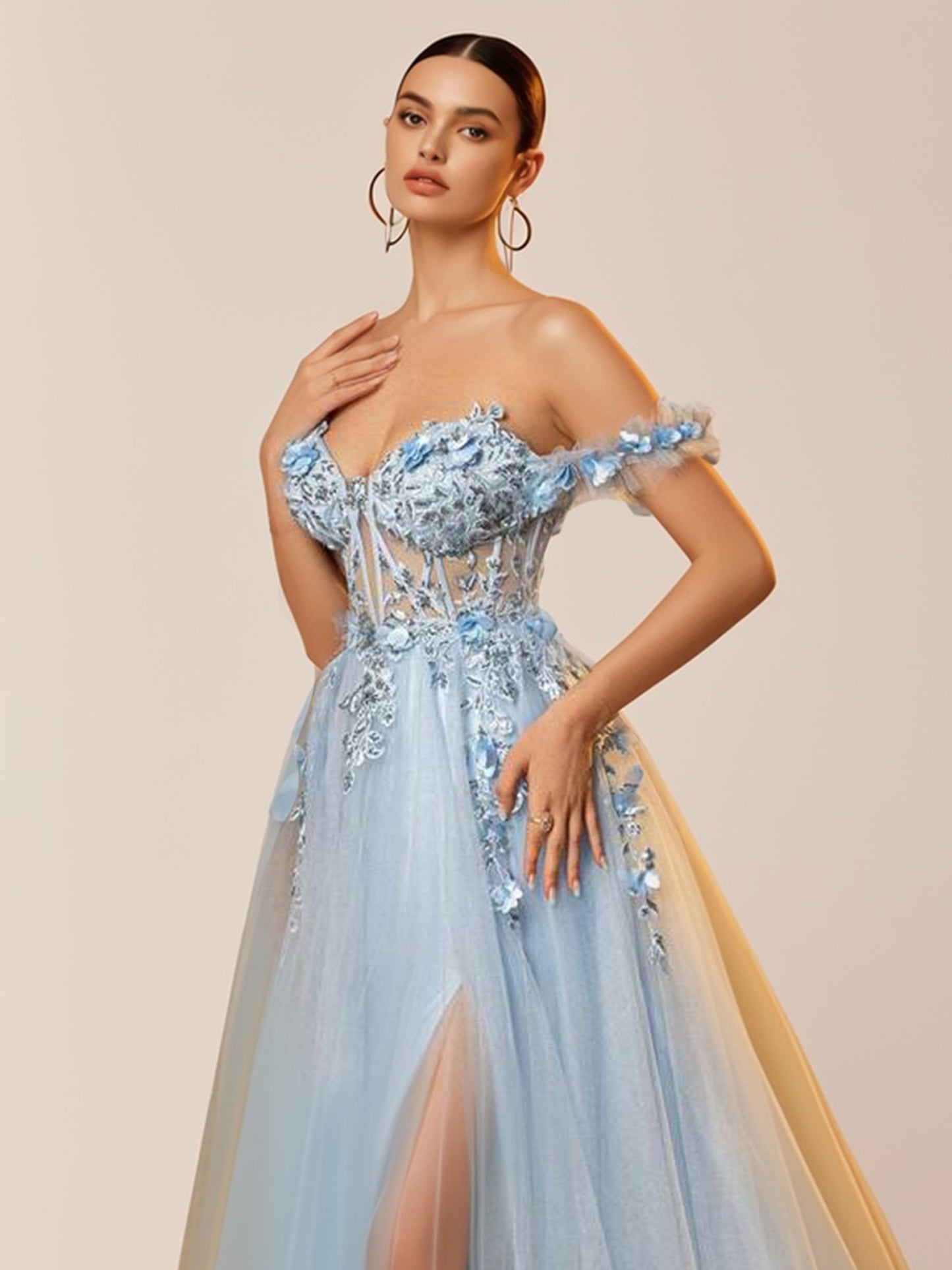 3D Flower Tulle Prom Dresses Long Off Shoulder Corset Sparkly Sequin Lace Embroidery Formal Party Gown-ZS133