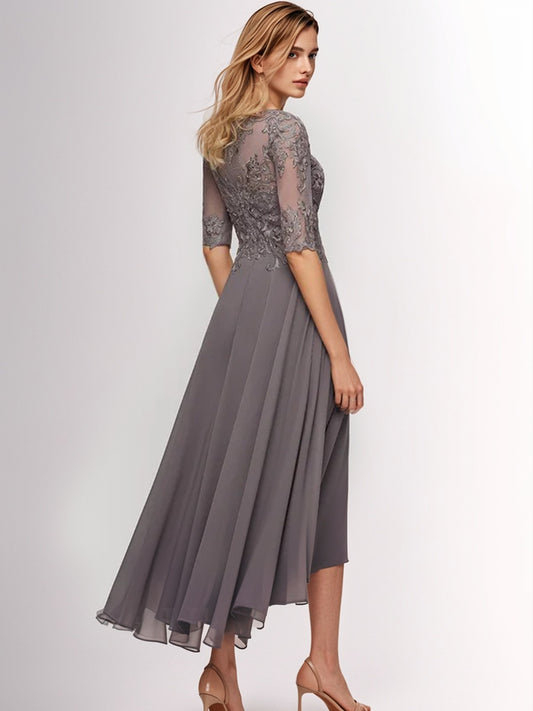A-line Illusion Boat Neck Asymmetrical Chiffon Lace Mother of the Bride Dress With Sequins Beading-ZS257