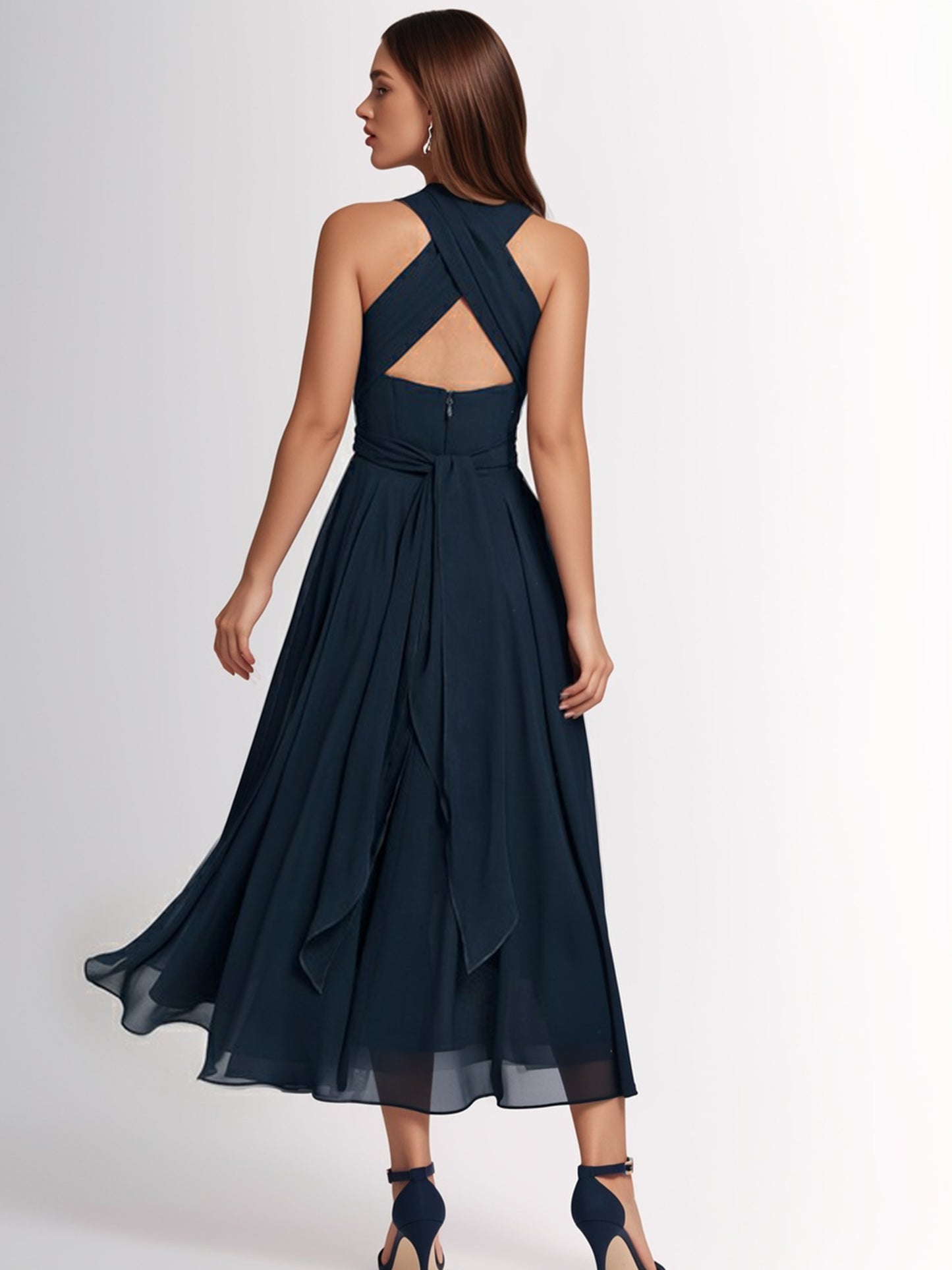 A-line Halter One Shoulder V-Neck Chiffon Bridesmaid Dress-ZS258