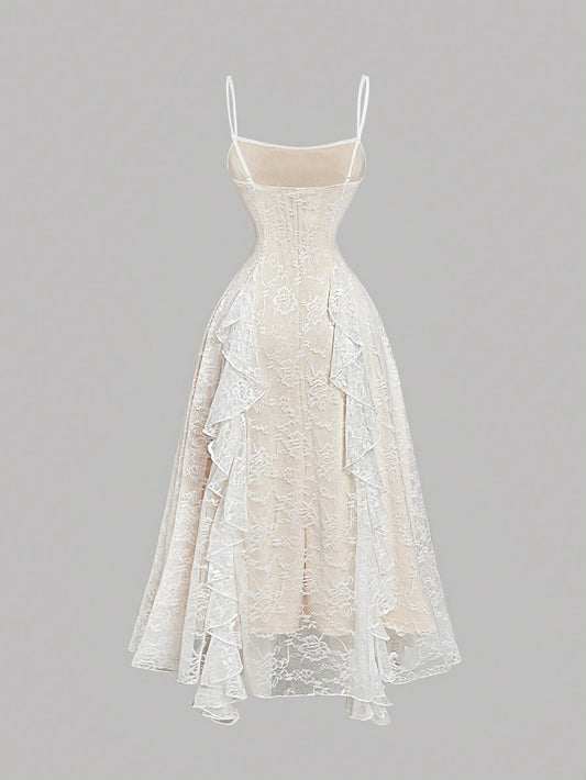 Women's Elegant Lace Ruffle Bow Decor Slip Dress-ZS225