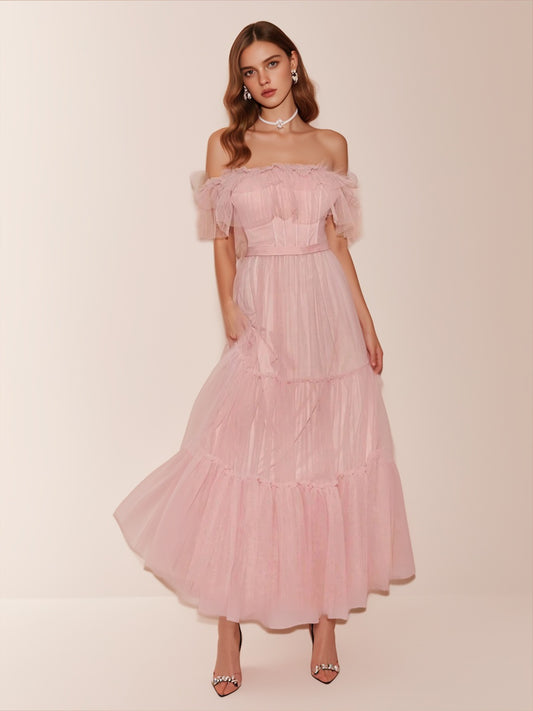 Women's Off-Shoulder Mesh Tiered Evening Gown-ZS187