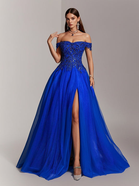 Off-Shoulder Sequin Embroidery Mesh Contrast Luxury High-End Party Evening Gown-ZS127