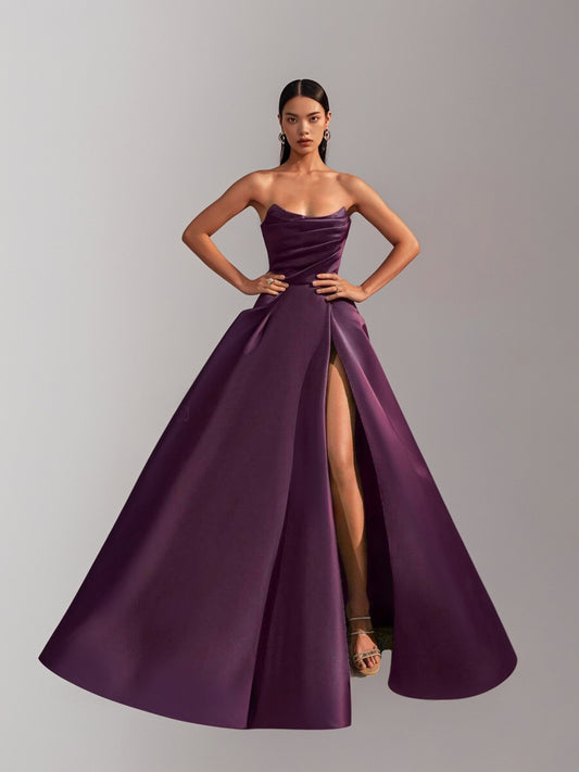 Elegant Strapless Ruched Bust Lace-Up Back Satin Prom Dress-ZS140