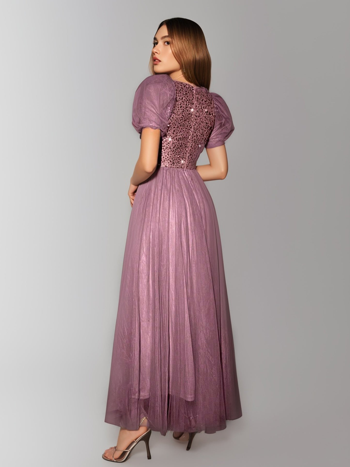 New Women's Puff Sleeve Contrast Mesh Sequin Evening Gown-ZS242