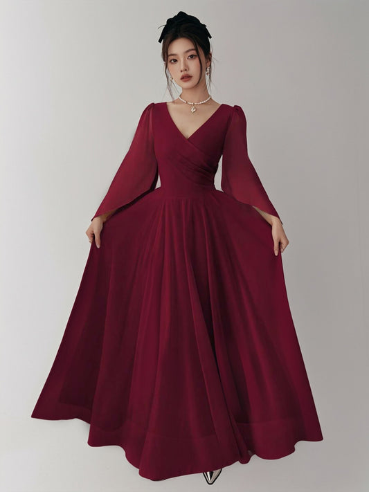 Vacation Long Sleeve V-Neck Cinched Waist Elegant Romantic Women Dress-ZS239