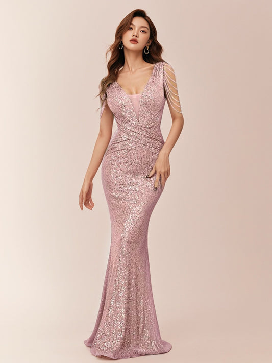 Mesh Insert Mermaid Hem Sequin Prom Dress-ZS175