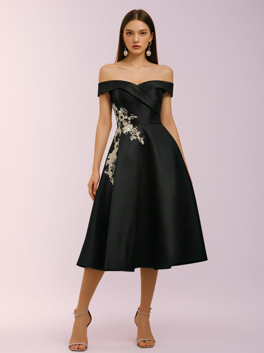 Elegant Black Heavy 3D Embroidered One-Shoulder Midi Evening Gown-ZS179