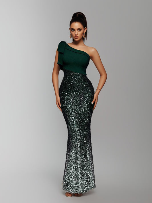 Women's High-End Elegant One Shoulder Sequin High Slit Dress-ZS154