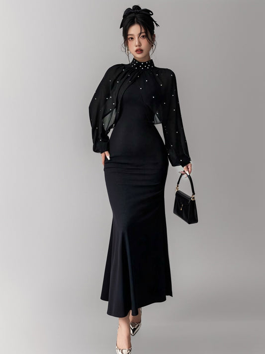 Elegant Pearl Beaded Collar Mermaid Dress, Autumn Maxi Women Outfit-ZS222