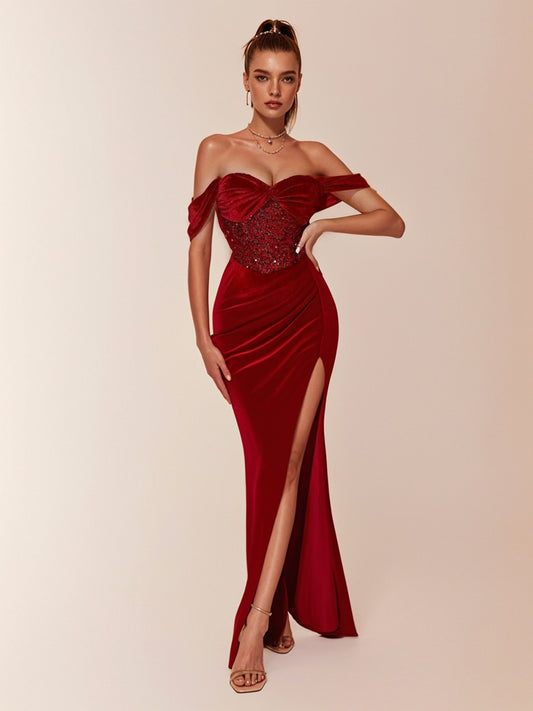 Off Shoulder Contrast Sequin Split Thigh Velvet Cocktail Dress-ZS165
