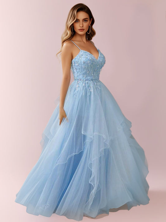 Long blue elegant and generous mesh strap evening dress-ZS125