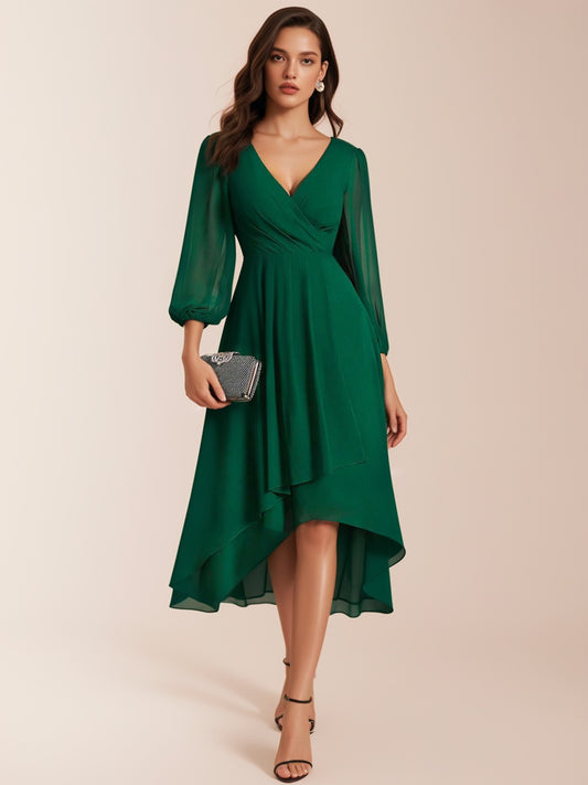 Elegant V-Neck Lantern Sleeve High-Low Wedding Guest Dress-ZS212