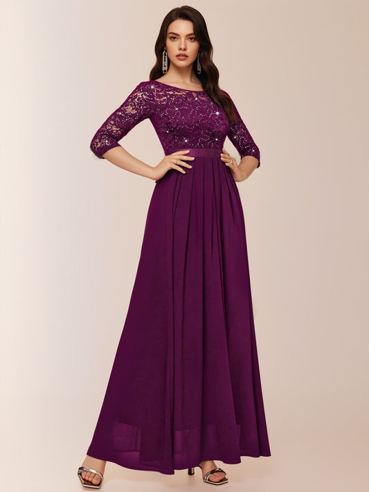 Elegant Sequin Floral Lace 3/4 Sleeve Pleated Hem Chiffon Formal Party Maxi Dress-ZS224