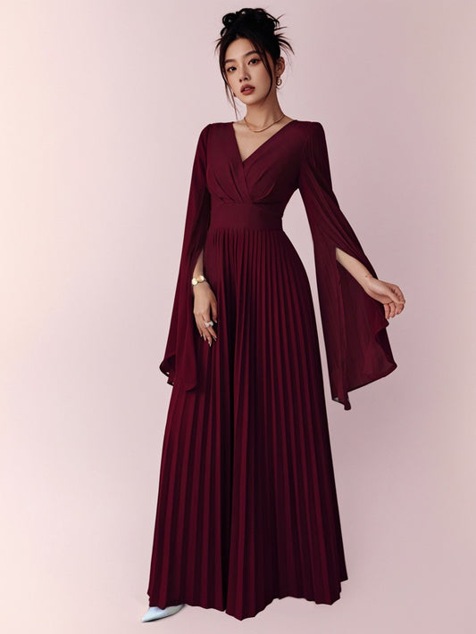 V-Neck Pleated Open Sleeve Elegant Romantic Women Dress Maxi Women Outfit-ZS220