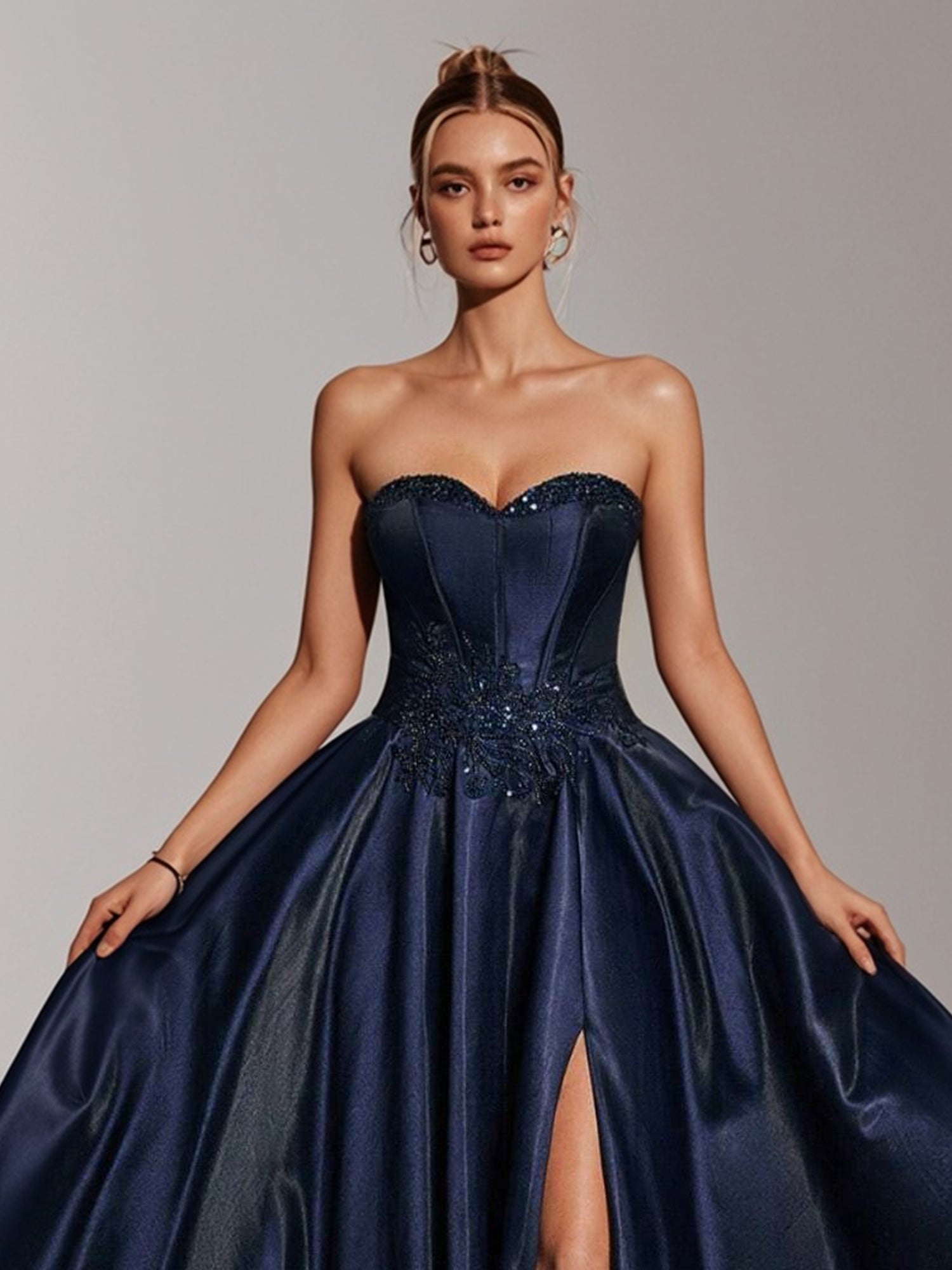 Luxurious Navy Blue Tube High Slit A-Line Gown-ZS188 Luxurious Navy Blue Tube High Slit A-Line Gown-ZS188
