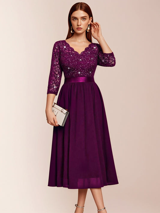 Elegant V-Neck Sequin Floral Lace Ruched Chiffon 3/4 Sleeve Evening Party Long Dress-ZS244