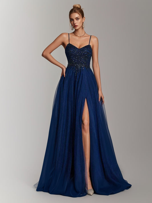 Elegant Spaghetti Strap Beaded Tulle High-Slit Gown For Women-ZS151