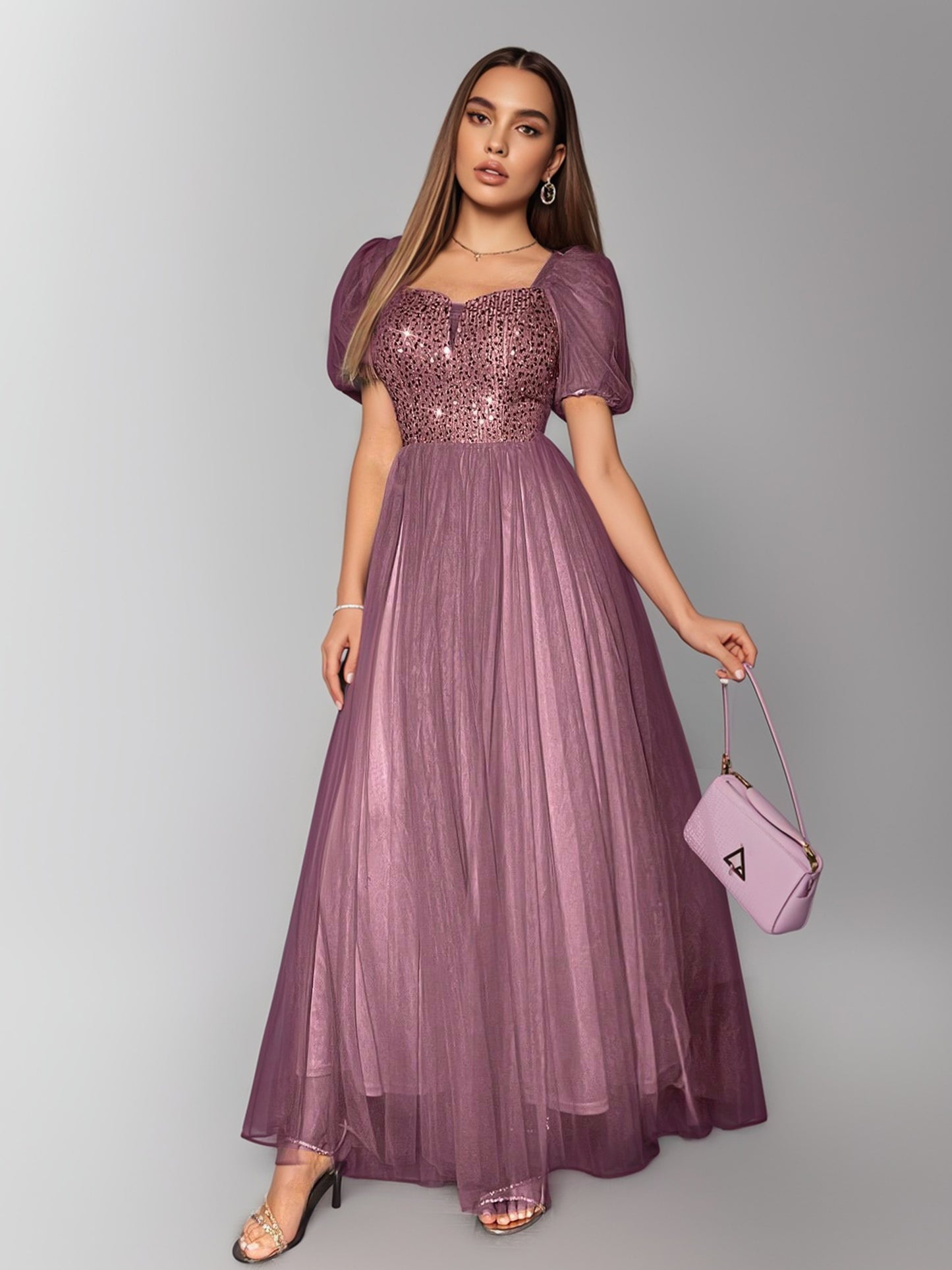 New Women's Puff Sleeve Contrast Mesh Sequin Evening Gown-ZS242