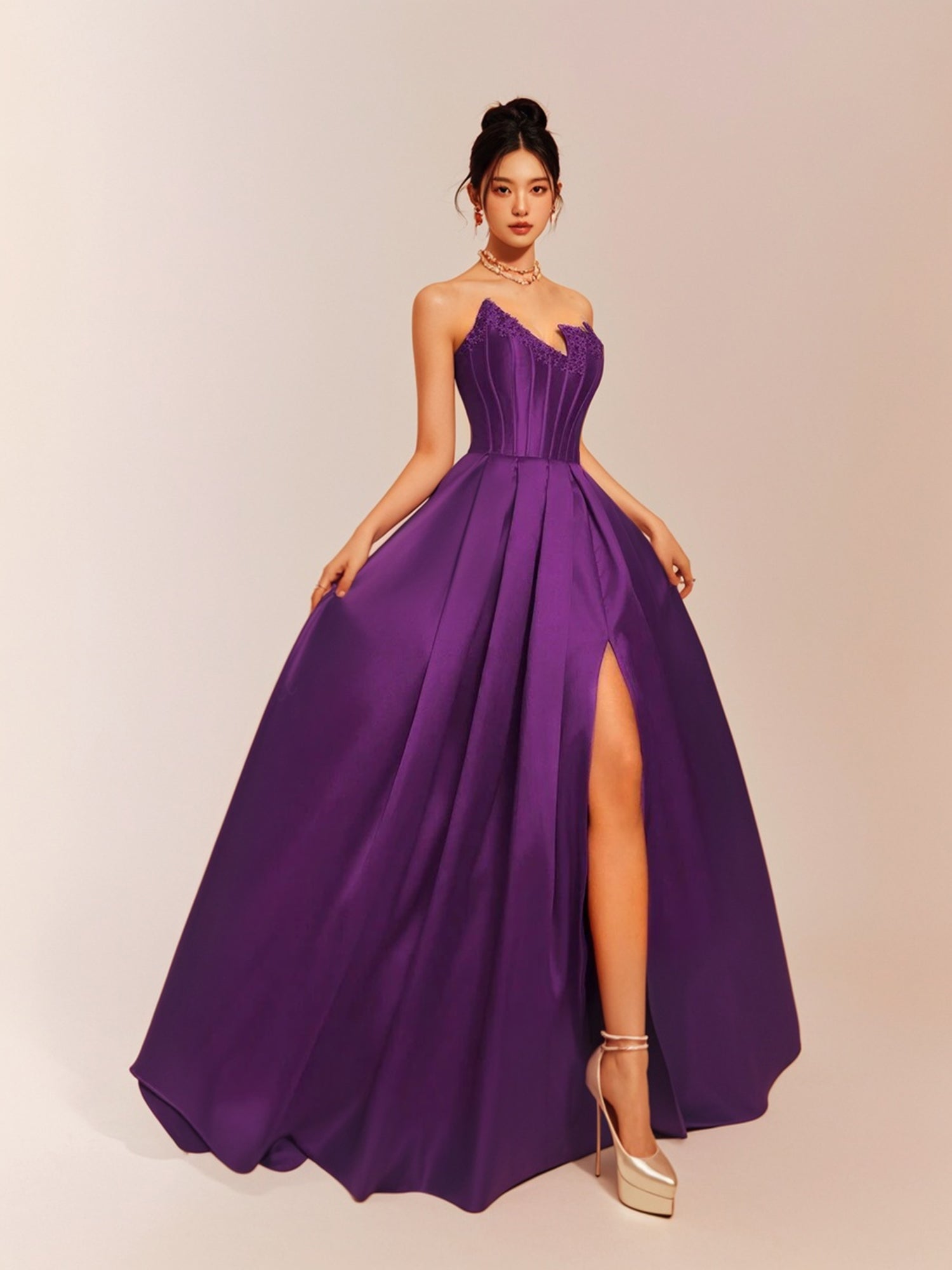 Elegant Purple Satin Gown With High Slit, A-Line Floor-Length Evening – Bridal Glee