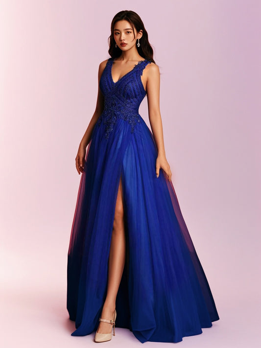 Legant Sequin Tulle A-Line V-Neck High-Slit Backless Gown For Women-ZS150