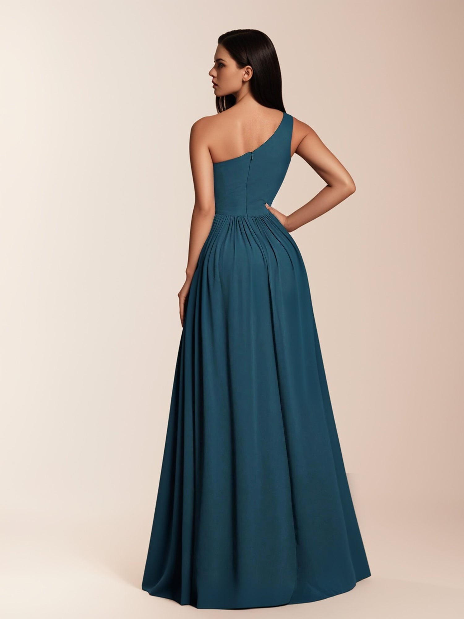 Elegant Hazy Blue Asymmetrical Neck Chiffon High Slit Long Formal Even Elegant Hazy Blue Asymmetrical Neck Chiffon High Slit Long Formal Even