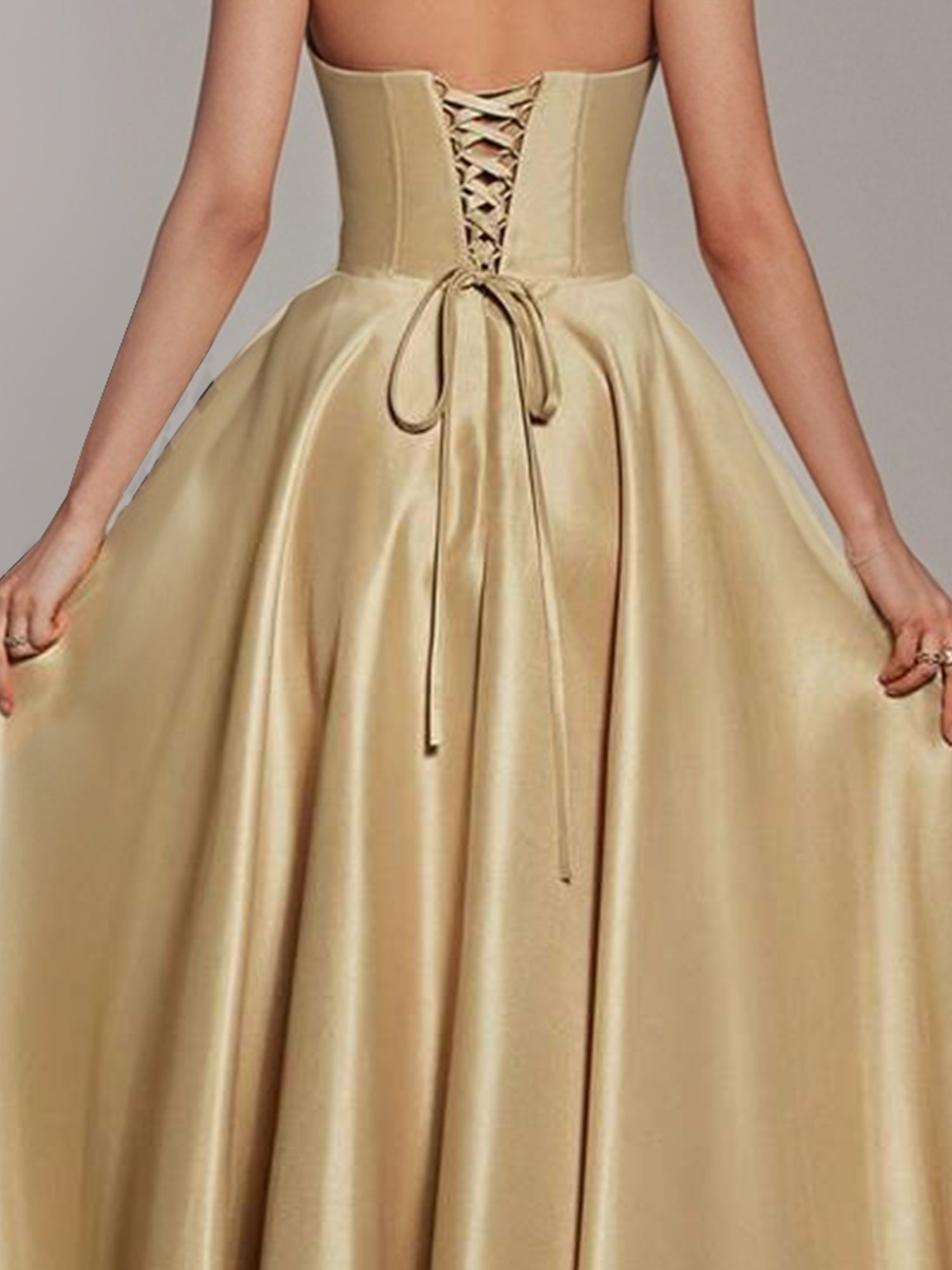 Elegant Champagne Gold Satin Deep V-Neck A-Line Long Gown-ZS130 Bridal Glee Elegant Champagne Gold Satin Deep V-Neck A-Line Long Gown-ZS130 Bridal Glee
