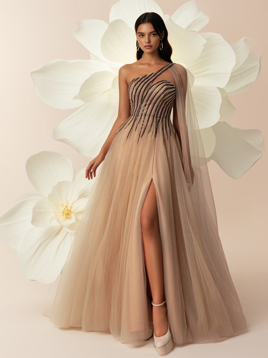 One-Shoulder High Slit Sequin Tulle Long Evening Gown-ZS166