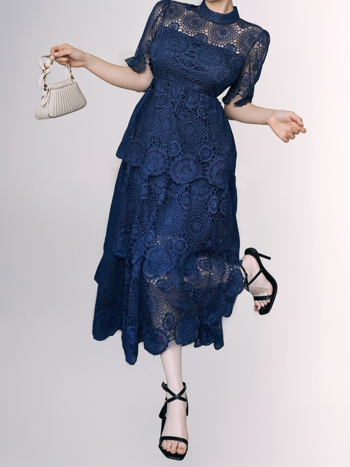 Navy Blue Mock Neck Lace Midi Dress-ZS252 – Bridal Glee