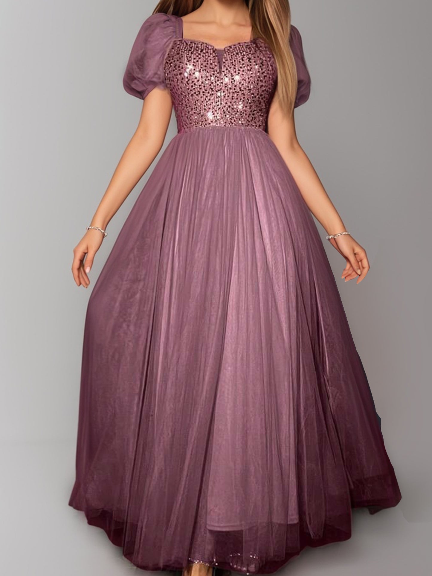 New Women's Puff Sleeve Contrast Mesh Sequin Evening Gown-ZS242
