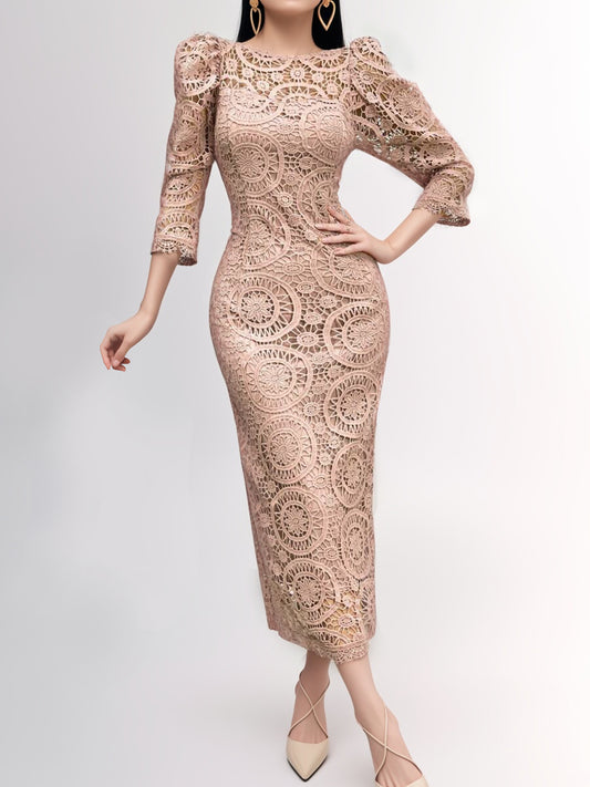 Fashionable Women's Solid Color Hollow Out Long Sleeve Dress Long Evening Dresses-ZS245