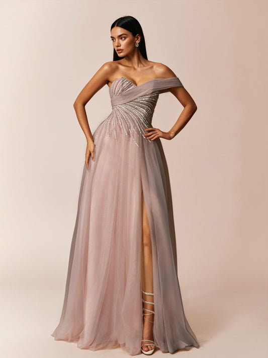 One-Shoulder Sequined Mesh Elegant Women's Evening Party Dress-ZS167
